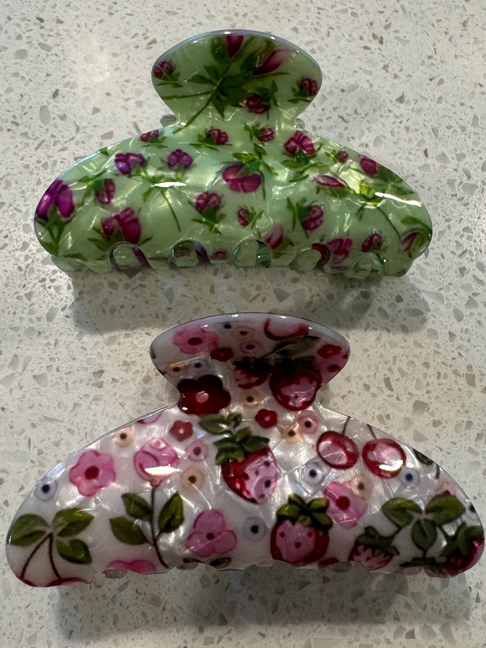 Floral Pattern Hair Clips - Green & Pink . Set of  2!